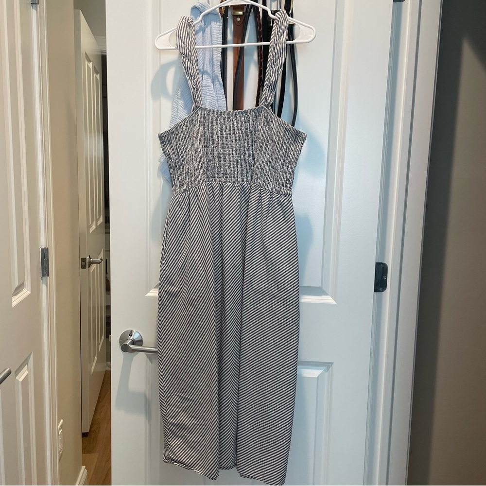 Time and Tru Grey & White Smocked Striped Sundress
